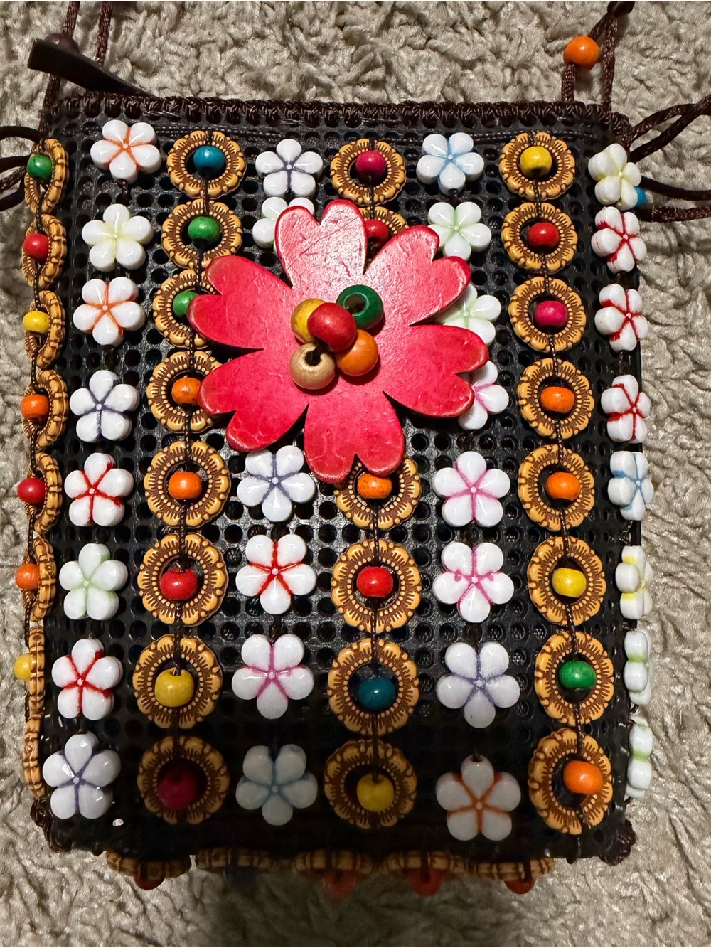 Boho Flower Beaded Crossbody Bag - Red Accent